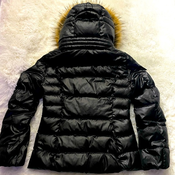 AQUA Jet Black Hooded Down Jacket With Fur Trim Size Small - Picture 2 of 15